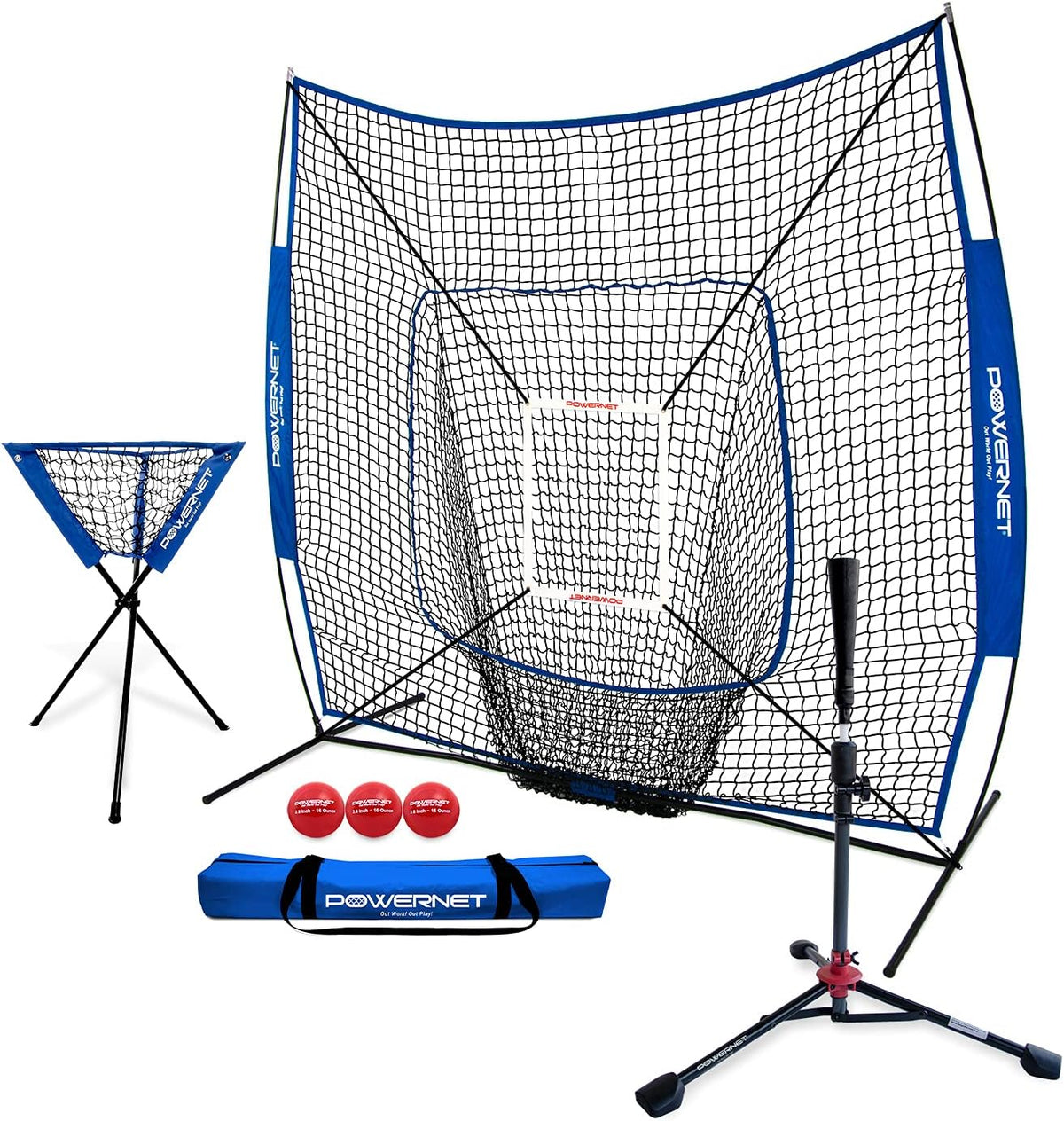 PowerNet 7×7 DLX Practice Net + Deluxe Tee + Ball Caddy + Weighted Balls + Strike Zone Bundle | Baseball Softball Training Equipment