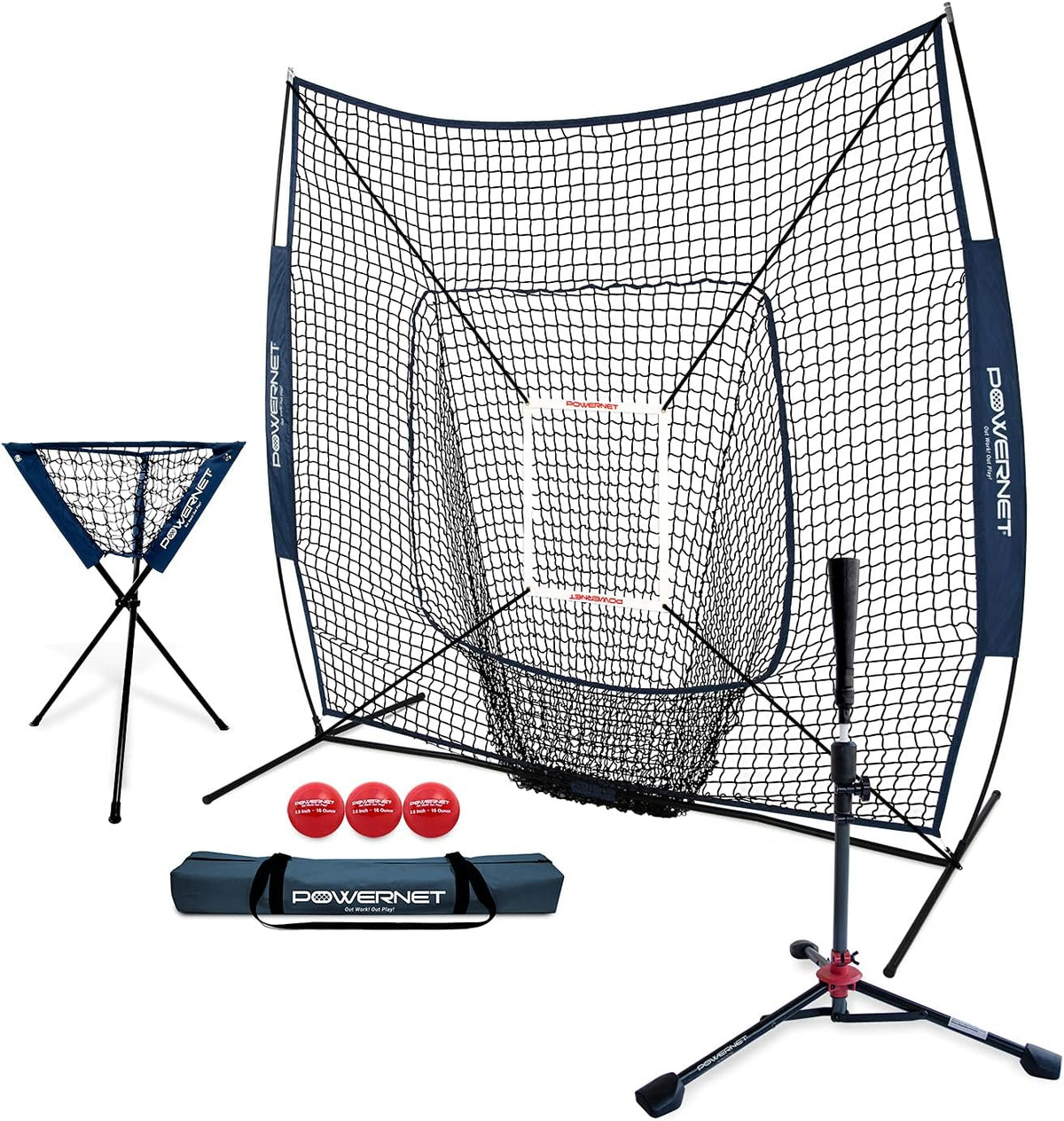 PowerNet 7×7 DLX Practice Net + Deluxe Tee + Ball Caddy + Weighted Balls + Strike Zone Bundle | Baseball Softball Training Equipment